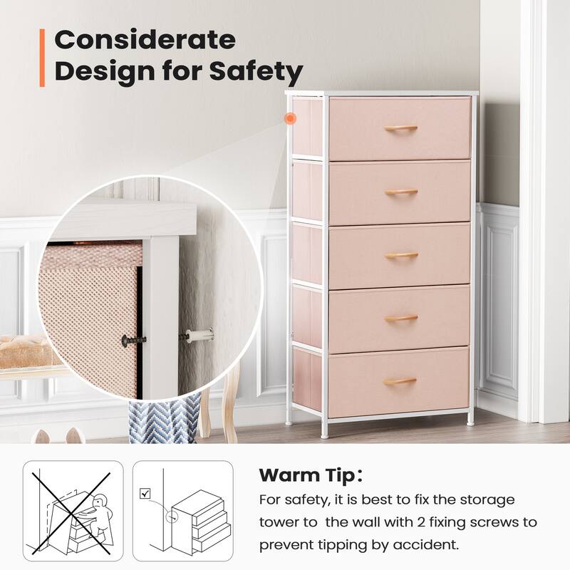 Pellebant Fabric Vertical Dresser Storage Chest Tower with 5 Drawers