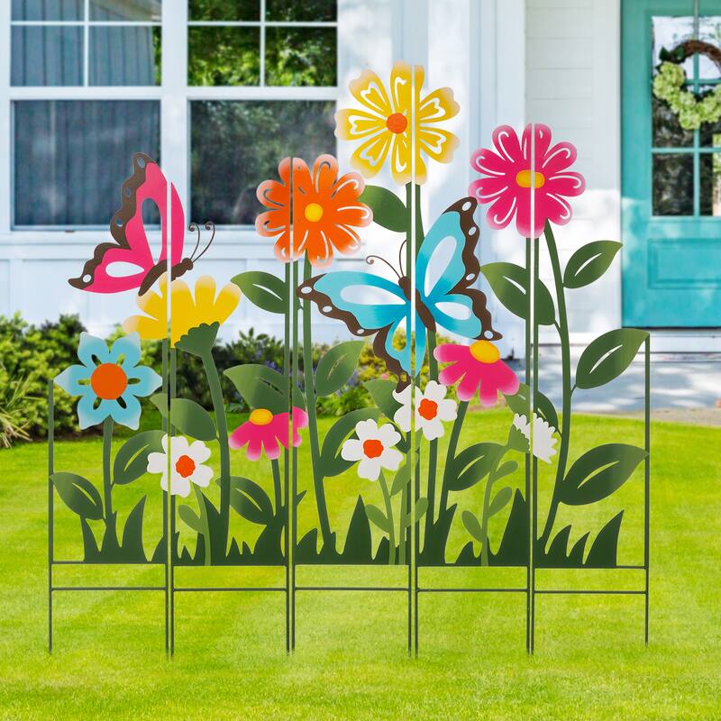 Glitzhome 40"H 5 Pieces Metal Flowers Silhouette Yard Stake
