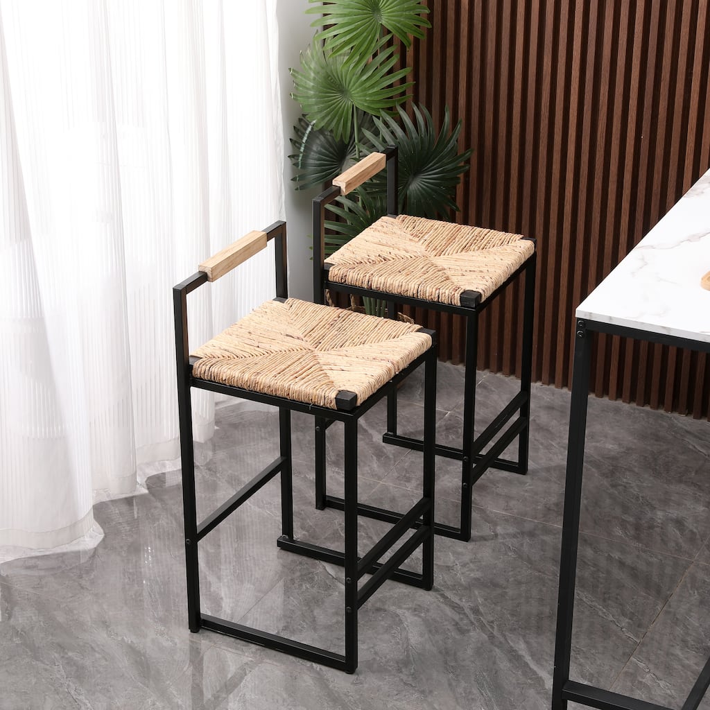 GDFStudio - Rose Rustic Water Hyacinth Woven Counter Height Bar Stools with Back Support and Footrest, Set of 2 - 16.53"W
