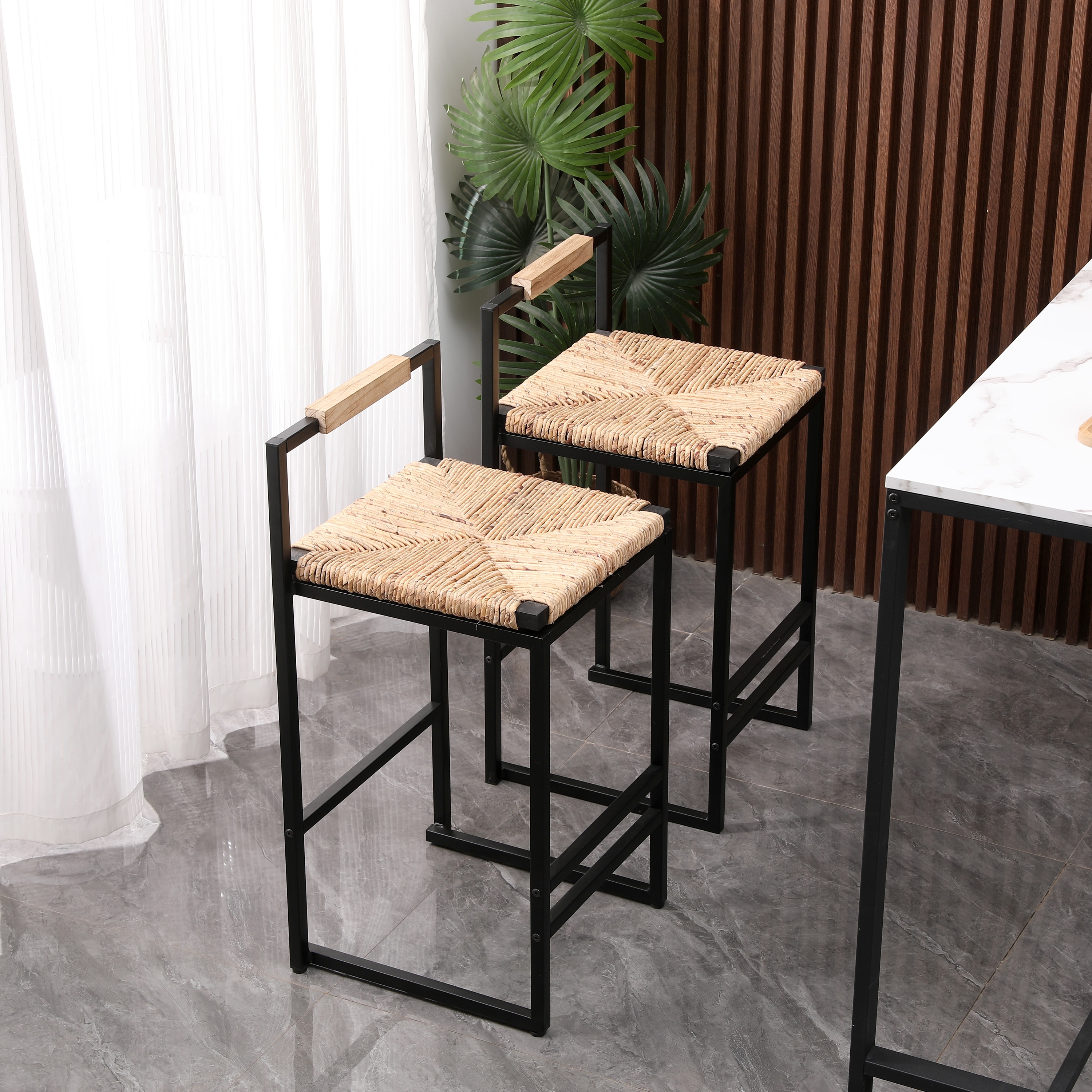 Modern Set of 2 Bar Stools with Leather Cushioned Seat Metal Frame, for Kitchen Island Dining Room Living Room and Café