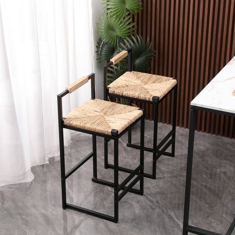 Set of 2 Water Hyacinth Woven Bar Stools with Back Support, Counter Height Dining Chairs for Kitchen & Office