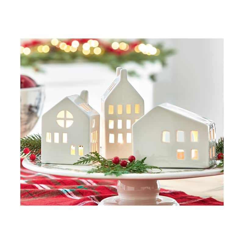 White Ceramic House Shaped Tealight Luminary Candle Holder Wide, 4.5L x 2.5W x 3.6H inches