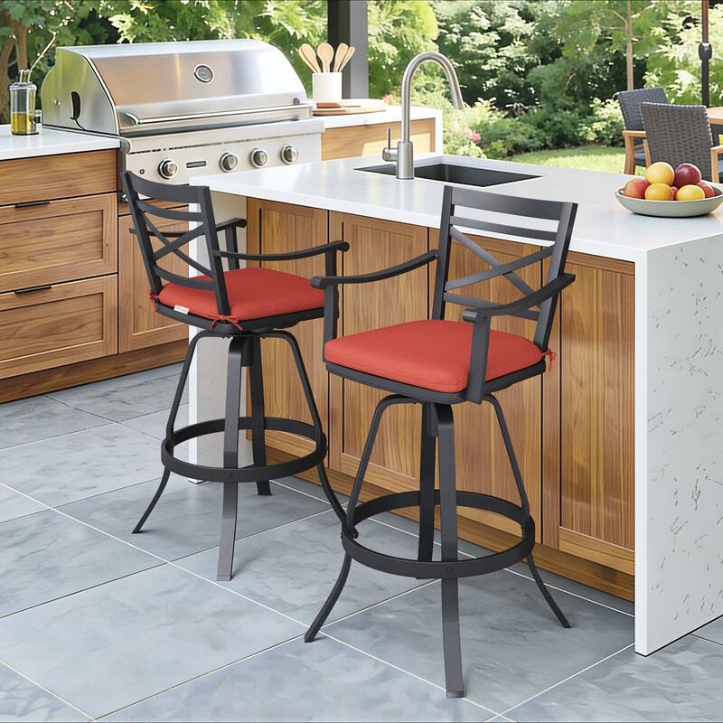 Outdoor Patio Cast Aluminum Swivel Bar Stools with Sunbrella Cushion - Red - 2PC