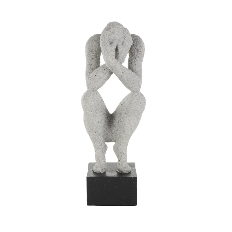 Gray Polystone Crouching People Decorative Sculpture with Black Square Base