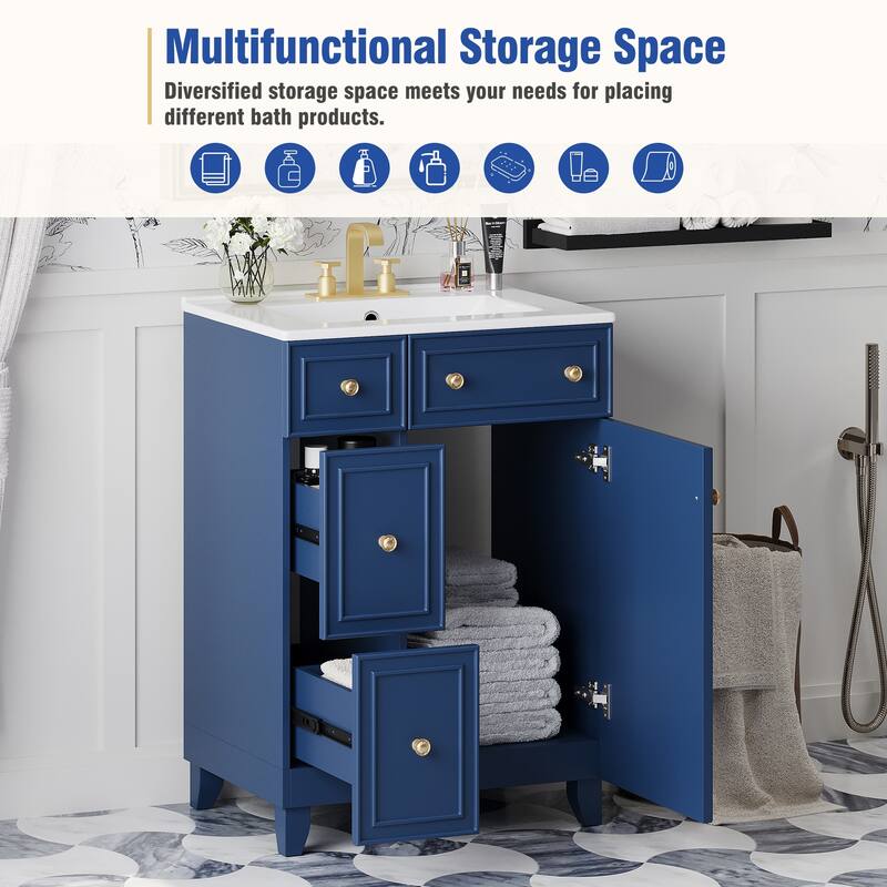 24 Inch Bathroom Vanity Cabinet with Ceramic Sink, 2 Drawers & Door, Bathroom Storage Cabinet Free-standing Single Sink Cabinet - Blue