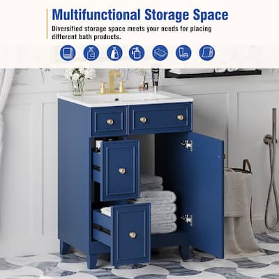 Blue Bathroom Vanity Cabinet with Ceramic Sink, 2 Drawers & Door, Bathroom Storage Cabinet Free-standing Single Sink Cabinet