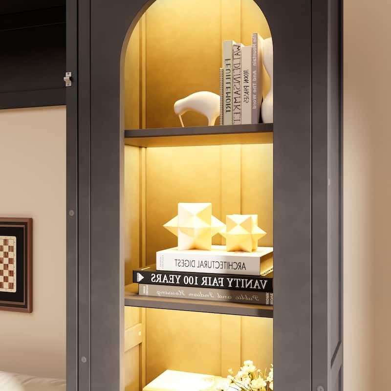 Queen Size Murphy Bed with 2 Arched Cabinets Shelf Built-in Light Strips