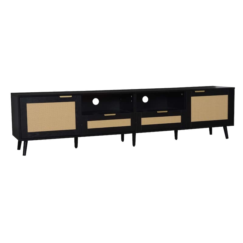 Rattan TV Stand for TVs up to 85'' Entertainment Center with Solid Wood Legs