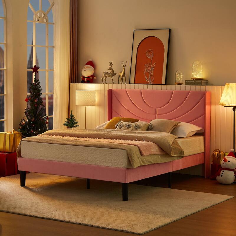 Javlergo Upholstered Bed Frame with Wingback Panel Headboard, No Box Spring Needed