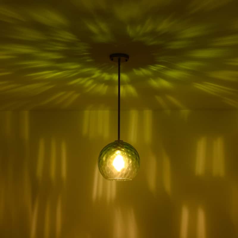 1-Light Modern Gold/Black Green Metal Hanging Pendant for Kitchen Island/Living room with Green Hammer Textured Glass Shade