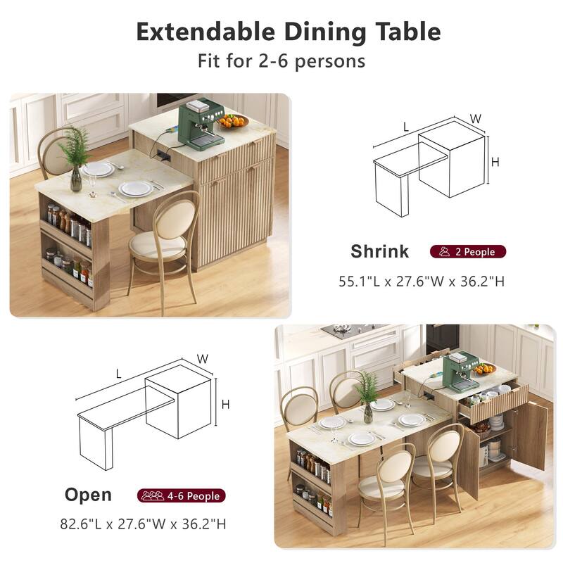 Kitchen Island with Extendable Dining Table & Power Outlet, Kitchen Table with Double-Side Storage, 2 Drawers & 2 Open Shelves