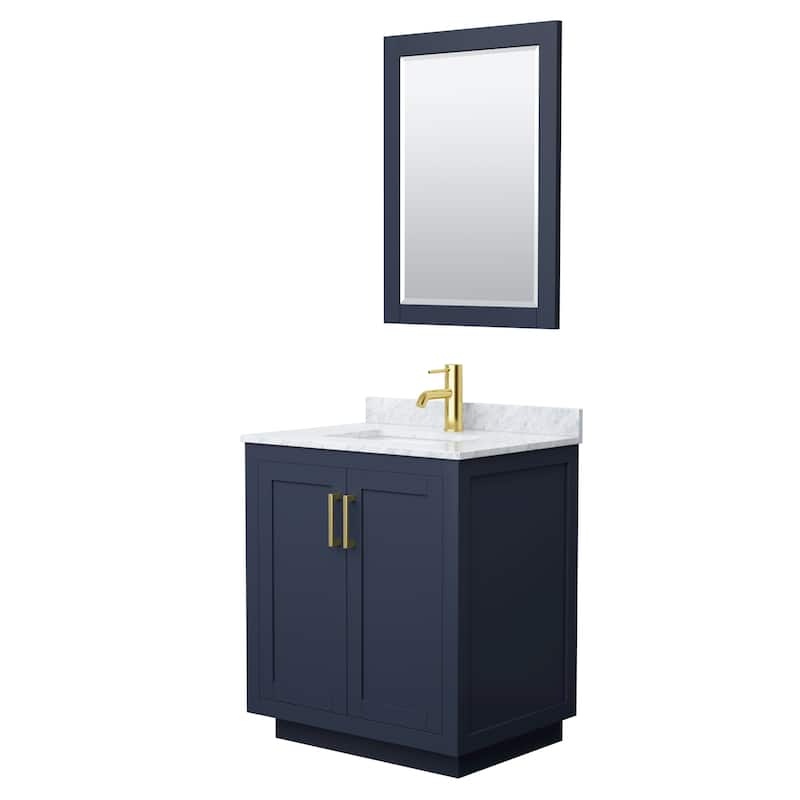 Miranda Single Vanity Set, White Carrara Marble Top, 24-Inch Mirror - Dark Blue, Gold Trim, White Carrara Marble Top