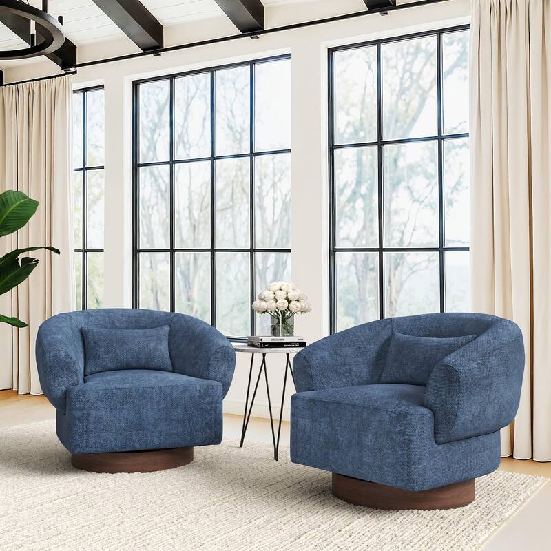 Modern Wooden Swivel Chair with Soft Chenille Barrel Accent Chair Upholstery Armchair Living Room Chairs - Blue - Set of 2