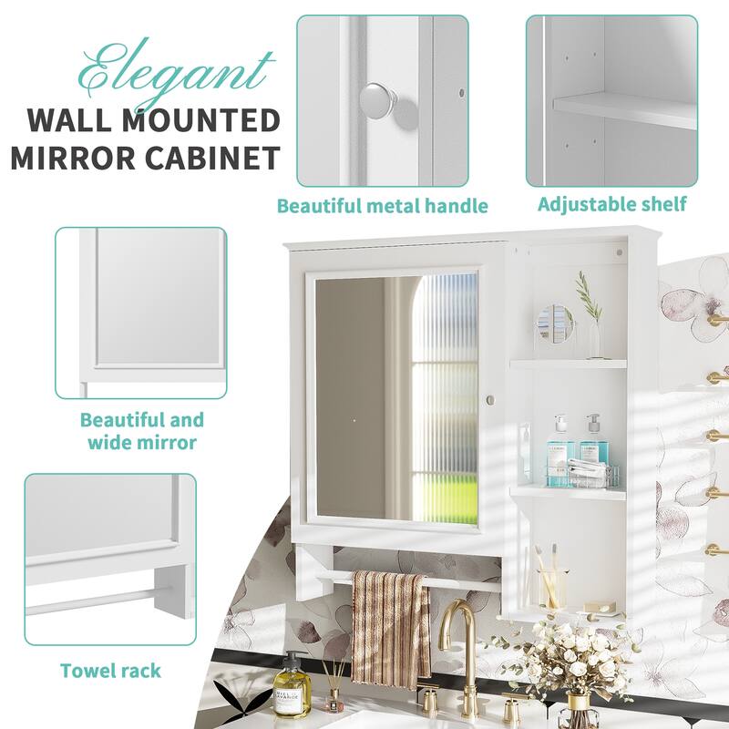 GDFStudio - Rosdale Modern Wall Mounted Bathroom Storage Mirror Cabinet with Adjustable Shelves, Open Storage and Towel Rack