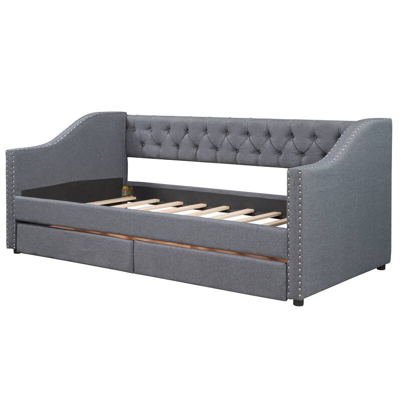 Roomfitters Twin Upholstered Daybed with 2 Storage Drawers, Diamond Tufted Linen Fabric, Grey