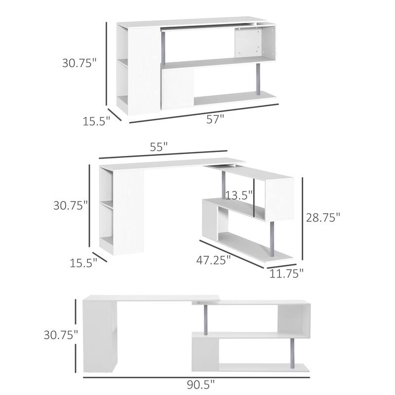 Modern 55" L-Shaped Desk with 360掳 Rotating Design, Storage Shelves, and Bookshelf for Home Office