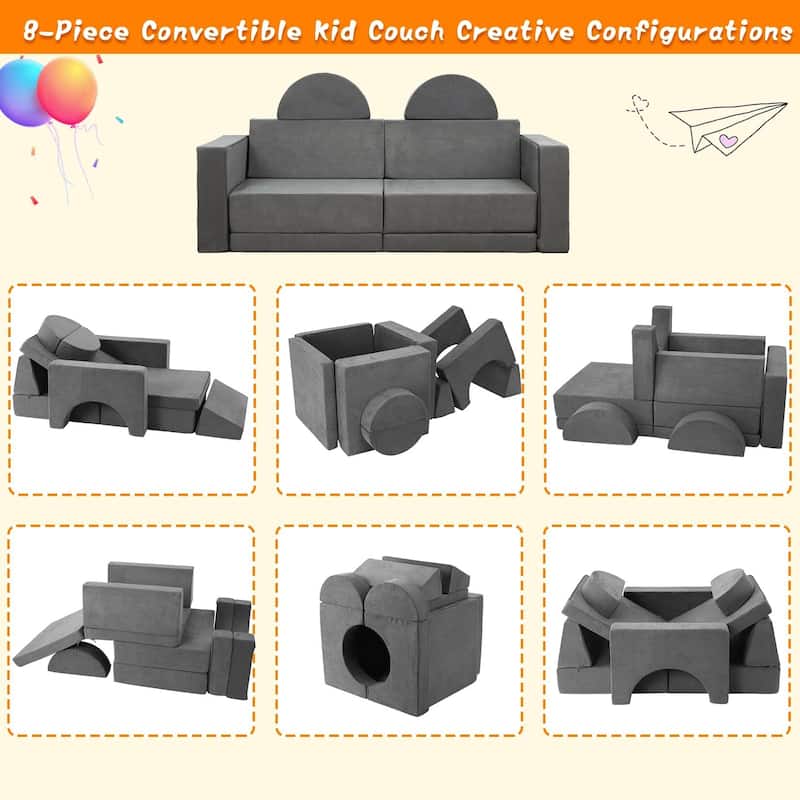 8 Pcs Kids Play Couch Kids Convertible Play Fort 8 in 1 Multifunctional Couch