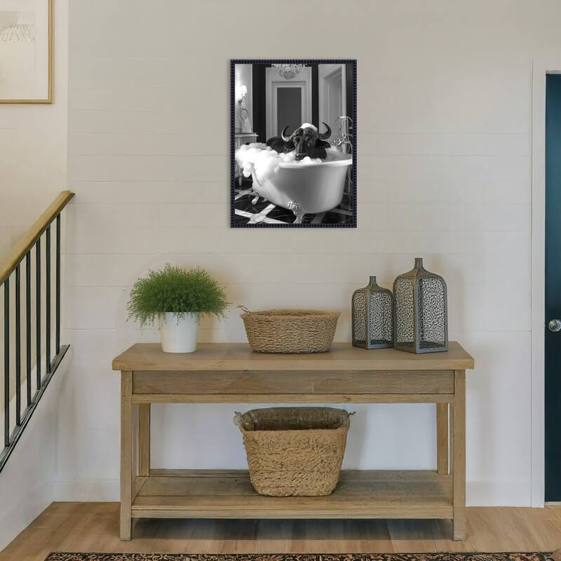 Curious Buffalo In the Tub by Niky Rahner Framed Canvas Wall Art