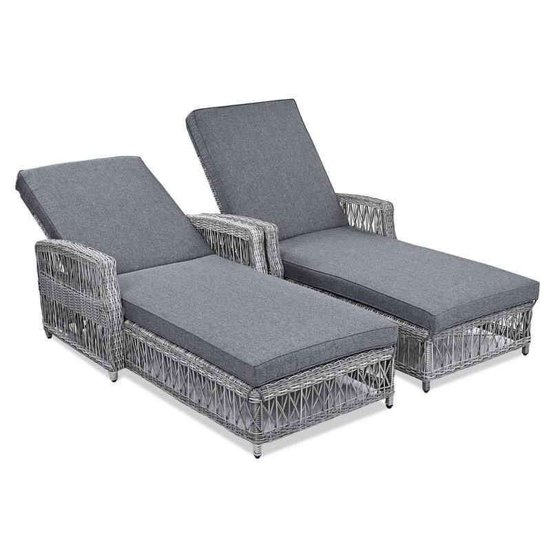 Outdoor Lounge Chairs Set of 2, Adjustable Poolside Wicker Recliners with Armrests for Relaxation