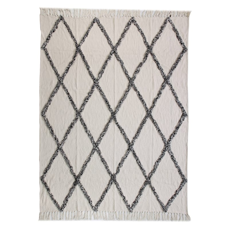 60" X 50" Cream Woven Cotton Geometric Throw Blanket with Fringe