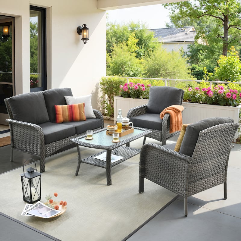 HOOOWOOO 4-piece Wicker Outdoor Conversation Set with Glass Coffee Table - Black