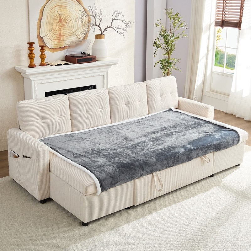 W103" Corduroy 4-Seater Modular Sleeper Sofa Bed with Storage Chaise,U-shaped Sofa with Pull-out Bed