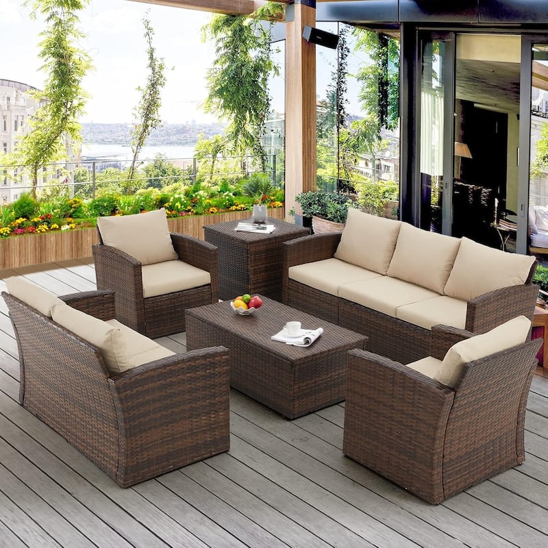 AECOJOY 7-Pieces Patio Sectional Sofa Outdoor Wicker Furniture Set - Beige