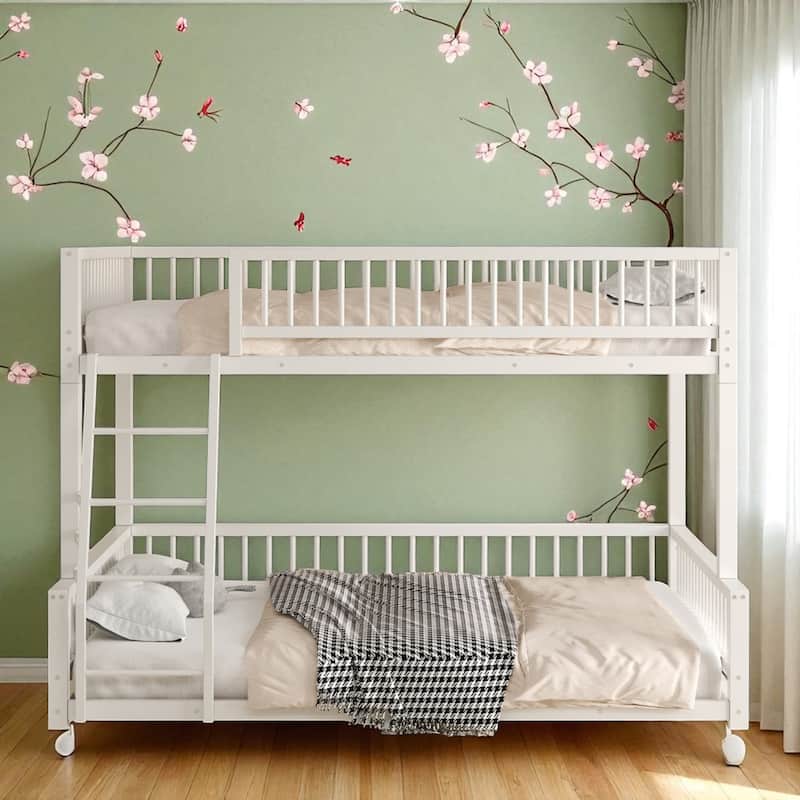 Metal Twin XL/Full XL over Queen Bunk Bed Frame with Ladder, Safety Rails, Space-Saving Floor Design