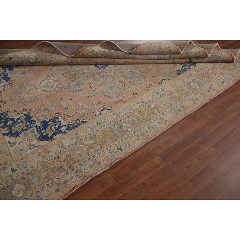 Distressed Mashad Persian Antique Area Rug Handmade Wool Carpet - 6'6" x 9'8"