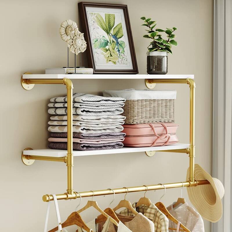 Wall Mounted Clothes Rack - L 42.2" * H 16.5" * D 10" - Gold-42'L