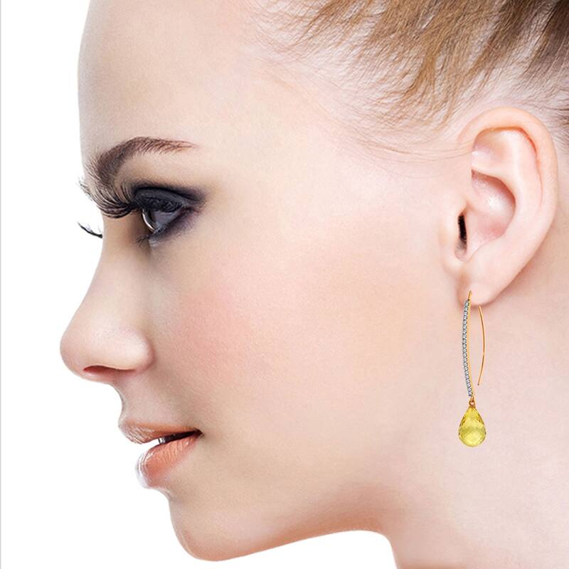 14K Solid Gold Diamonds Hook Earrings w/ Dangling Briolette Citrines