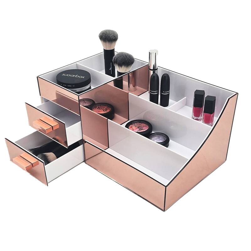 OnDisplay Cindy Tiered 2 Drawer Mirrored Acrylic Makeup/Jewelry Organizer for Bathroom Vanity/Desktop - Pink
