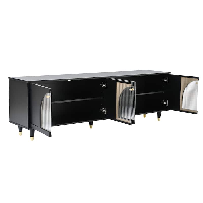 Black 69.6" TV Stand with Adjustable Shelves, Gold Handles and Arch Fluted Glass Doors for TVs Up to 78"