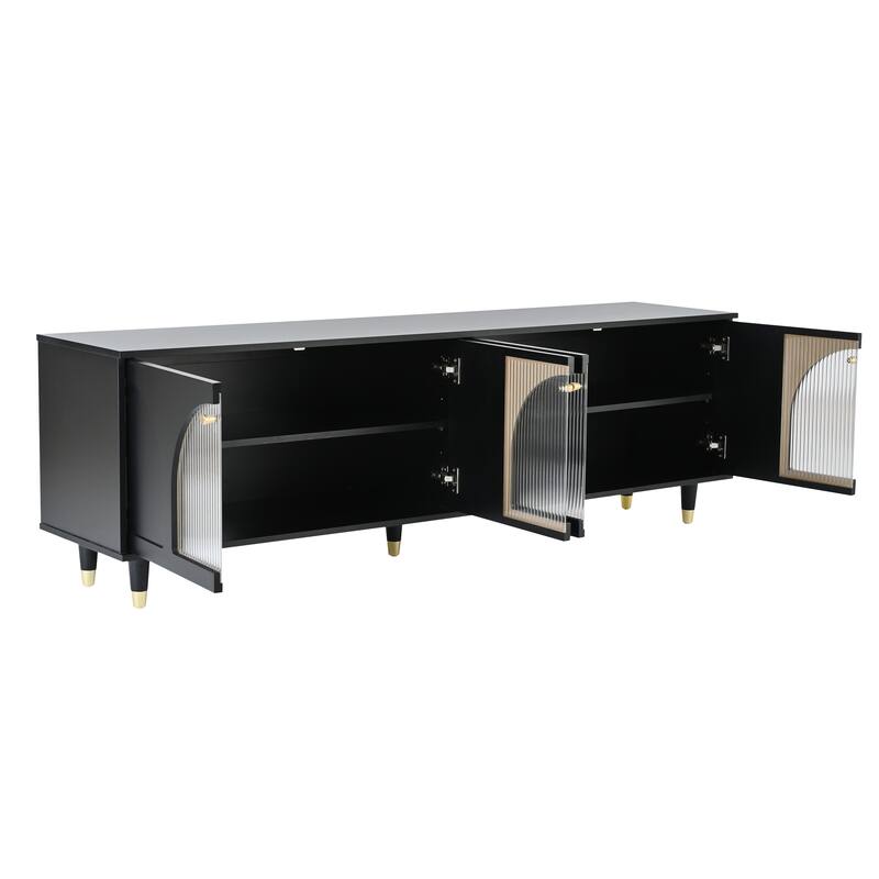 Modern TV Cabinet for TVs Up to 78" with Arch Fluted Glass Doors and Adjustable Shelves, for Living Rooms, Black