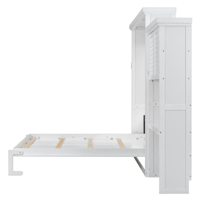 Queen Size Murphy Bed Wall Bed with Louvered Panel and Side Storage Shelves Space Saving Murphy Bed Pull Down Bed with Cabinets