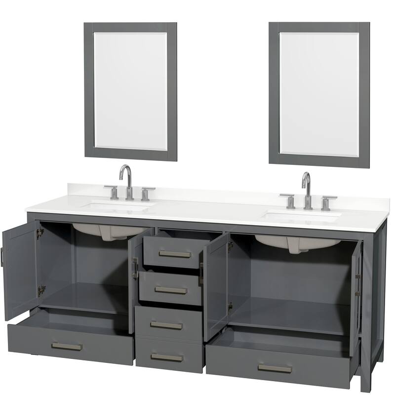 Sheffield 80-inch Double Vanity, 3 Hole Quartz Top, 24-inch Mirrors