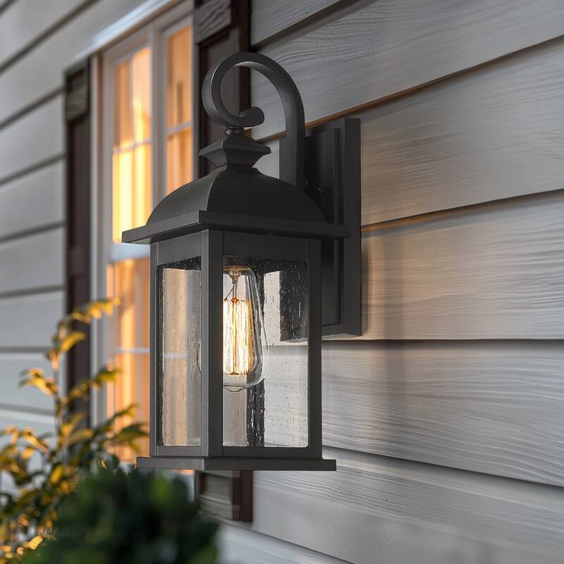 1-Light Exterior Waterproof Wall Sconce,E26 Socket Front Porch Lights,Anti-Rust Matte Black Finish with Seeded Glass Lampshade