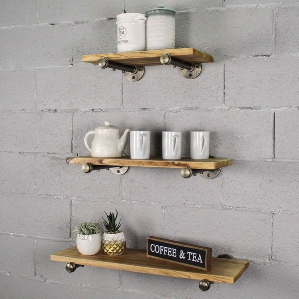 slide 3 of 15, Furniture Pipeline Louisville 3-piece Wide Tiered Wall Shelf Set - 18", 24", and 30" Wide Brass Grey & Natural