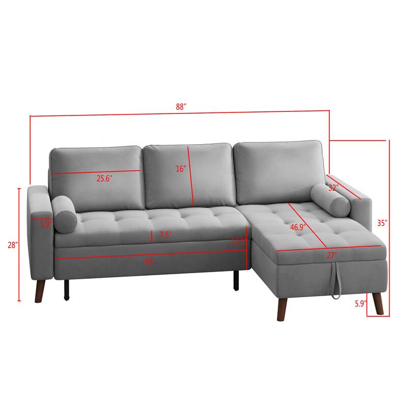 88" Modern L Shaped Sectional Sofa with Storage Chaise