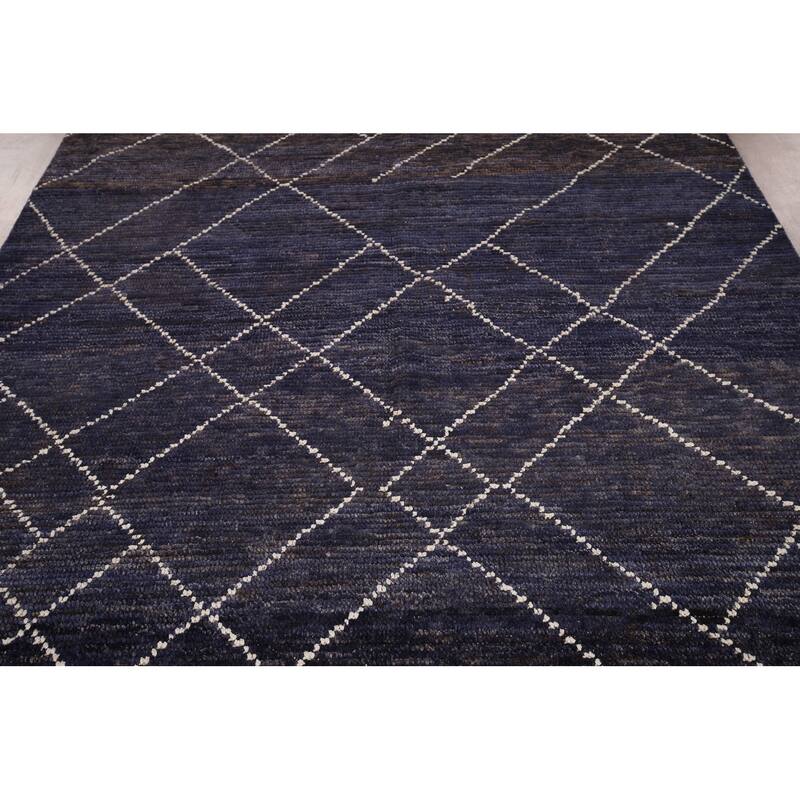Navy Blue Trellis Moroccan Area Rug Hand-Knotted Wool Carpet - 6'9"x 10'5"