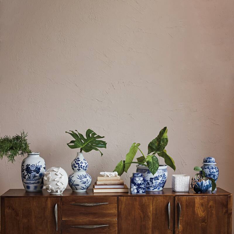 Hand-Painted Urn Shaped Stoneware Vase with Wide Opening