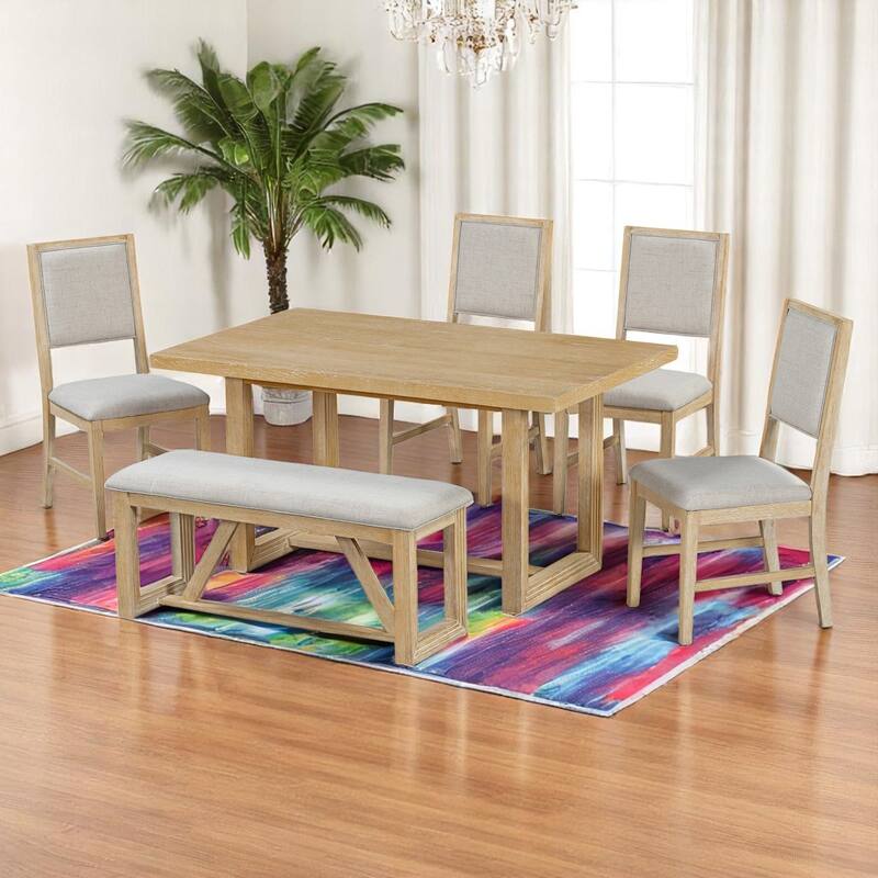 6-Piece Dining Table Set for 6, 60" Wooden Kitchen Table with 4 Chairs & Bench - Rubberwood Frame for Dining Room & Kitchen