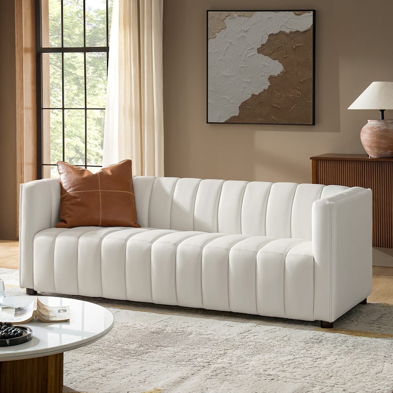 Olinto Modern 83-Inch Genuine Leather Tufted Couch Sofa with Channel Back by HULALA HOME