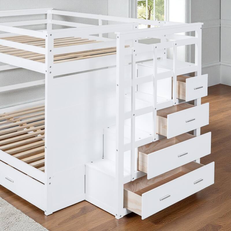 Full Over Full Bunk Bed with Twin Trundle and Storage Staircase, Solid Wood Frame, Space-Saving Design