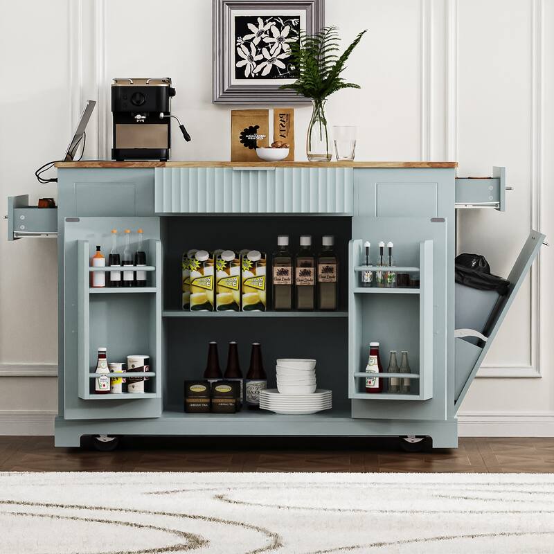 Chichoice Fluted Rolling Kitchen Island with Trash Can Storage Cabinet, Power Outlet, Internal Storage Rack