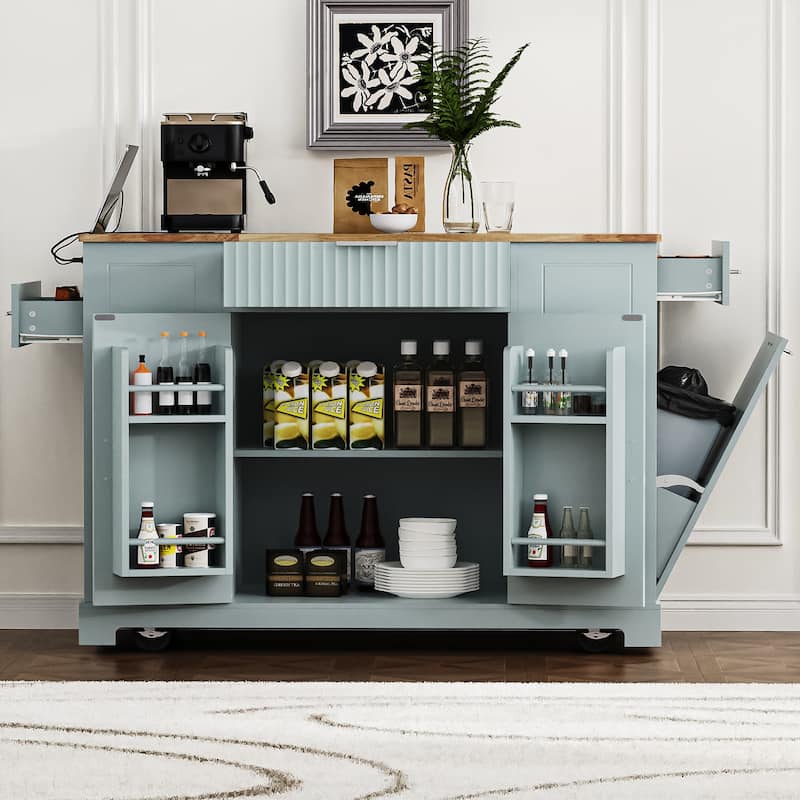 Fluted Kitchen Island with Trash Can Storage Cabinet, Kitchen Cart with Power Outlet Rolling Kitchen Islands on 5 Wheels