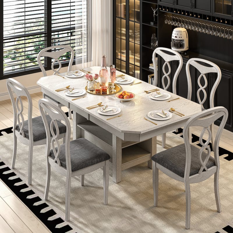 VECELO 4 to 6 Rubber Wood Extendable Dining Set with Fish Cutout Chairs with Dual Storage Upholstered Seat