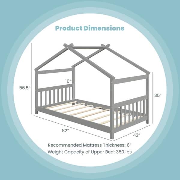 Twin House Bed Frame for Kids with Roof Design and Wood Slat Support