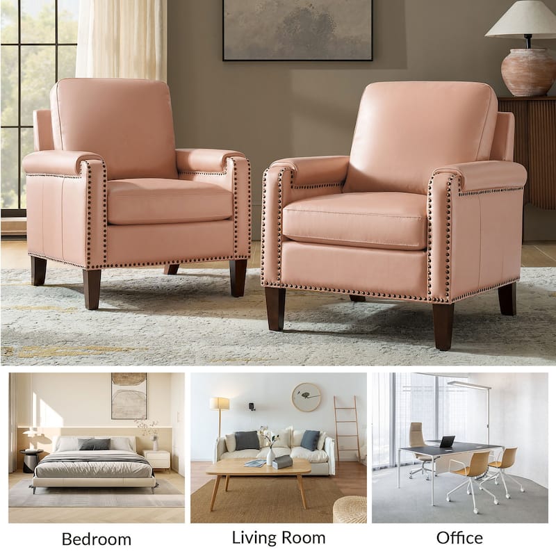 Kunz Transitional Genuine Leather Accent Chair with Removable Cushion and Nailhead Trims Set of 2 by HULALA HOME