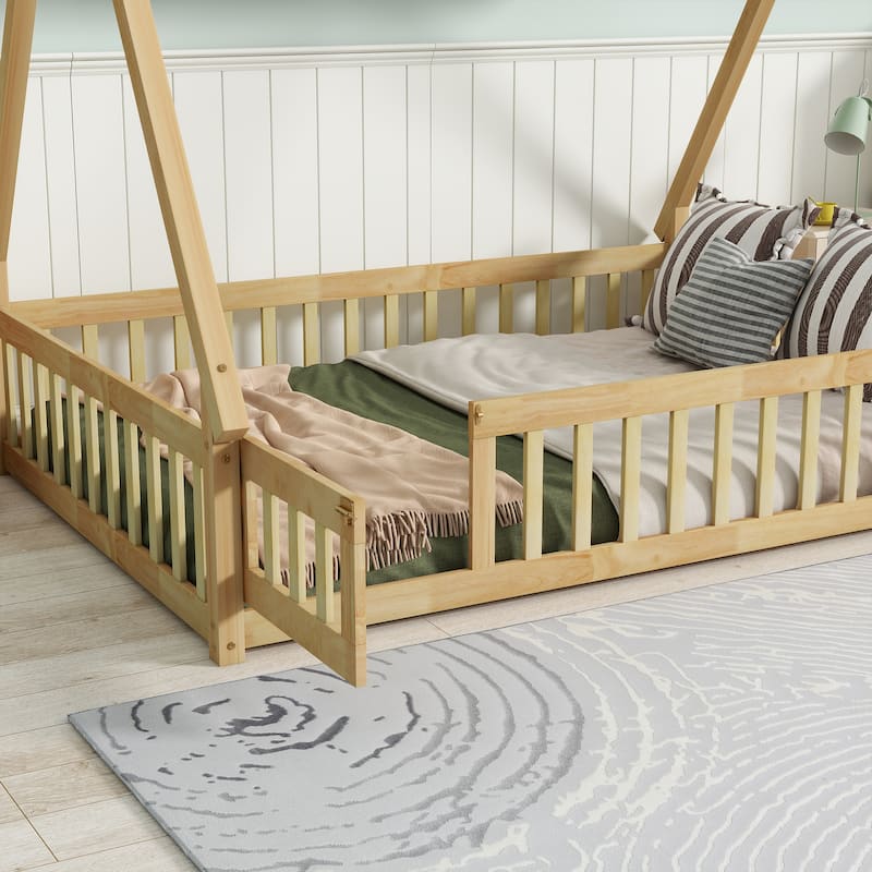 Roomfitters Twin/Full Tent-Shaped Floor Bed with Teepee Frame, Rubber Wood Platform with Guardrails, Slats and Door